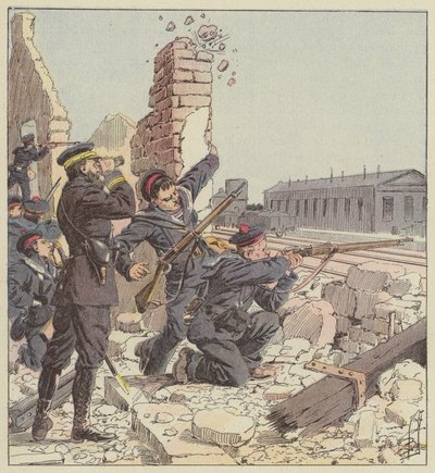 Defensa de la estación de Tien-Tsin por los fusileros marinos de after Louis Charles Bombled