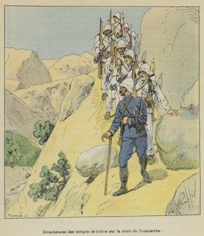 Destacamento de tropas de relevo en la ruta de Tananarive de after Louis Charles Bombled