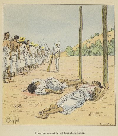 Fahavalos pasando frente a sus jefes fusilados de after Louis Charles Bombled
