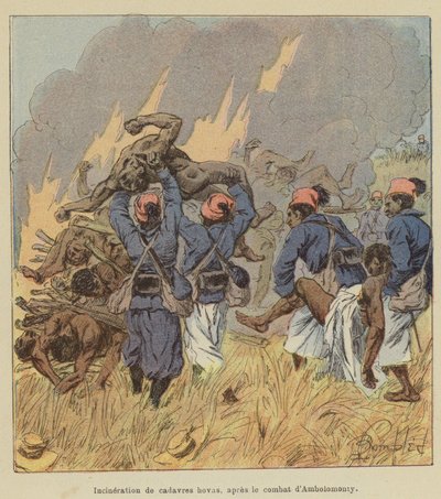 Incineración de cadáveres hovas, después del combate de Ambolomonty de after Louis Charles Bombled