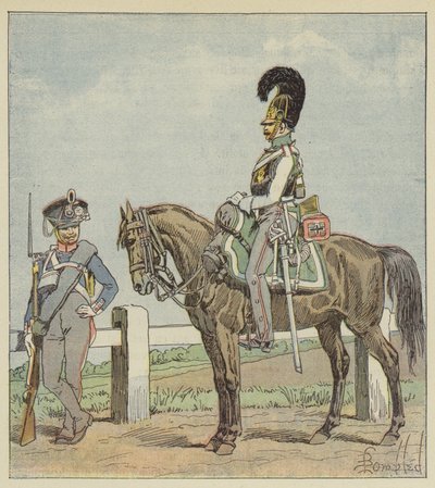 Infantería de línea prusiana (42º reg) y coracero prusiano (1806) de after Louis Charles Bombled