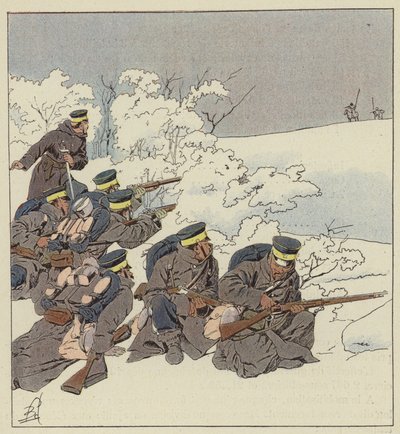 Infantería japonesa en uniforme de campaña en invierno de after Louis Charles Bombled