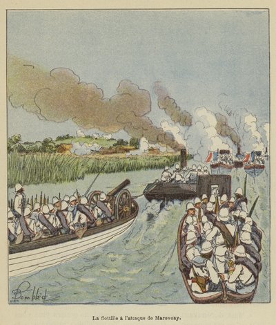 La flotilla en el ataque a Marovoay de after Louis Charles Bombled