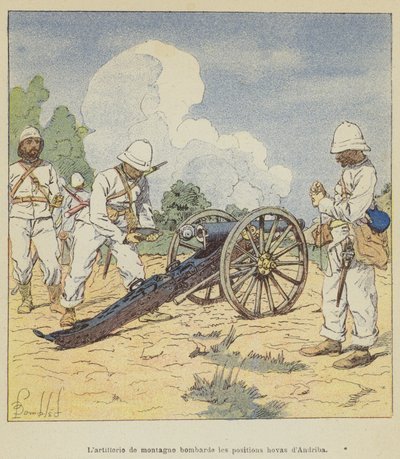 La artillería de montaña bombardea las posiciones hovas de Andriba de after Louis Charles Bombled