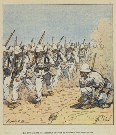 El 40º batallón de cazadores marcha en escuadra sobre Tsarasaotra de after Louis Charles Bombled