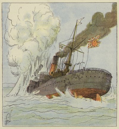 El Kinschim-Maru hundido por una mina de after Louis Charles Bombled