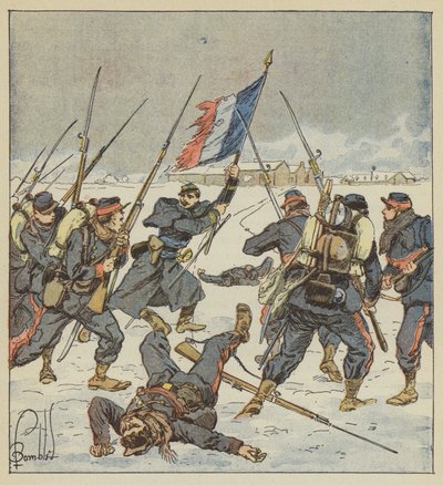 El capitán Couturie, de los móviles de Sarthe, se lanza, bandera en mano, al ataque de Mee de after Louis Charles Bombled
