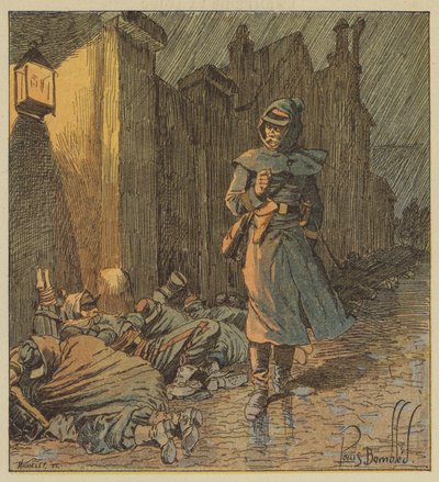El coronel de Bourgoing recorre las calles de Cerdon donde sus soldados duermen bajo la lluvia de after Louis Charles Bombled