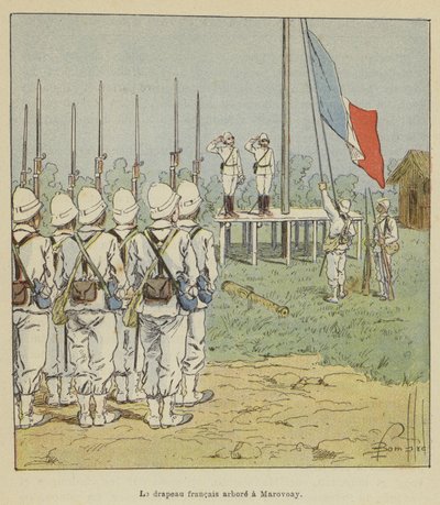 La bandera francesa izada en Marovoay de after Louis Charles Bombled