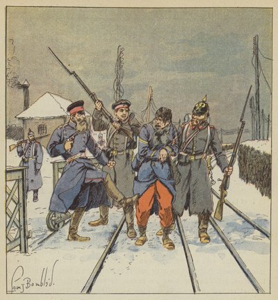 El furriel Papot, herido y hecho prisionero, es golpeado vergonzosamente por un oficial prusiano de after Louis Charles Bombled