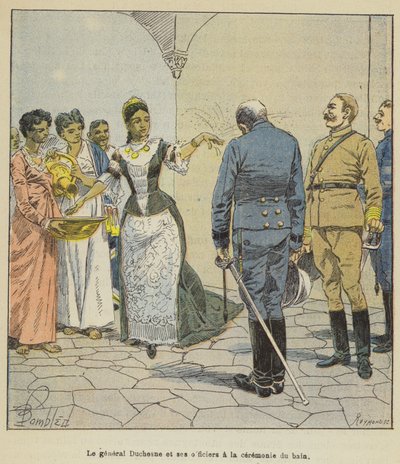 El general Duchesne y sus oficiales en la ceremonia del baño de after Louis Charles Bombled