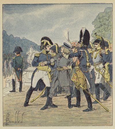 El general Rapp hace arrestar, por un gendarme, a Stabs que quería asesinar al Emperador de after Louis Charles Bombled