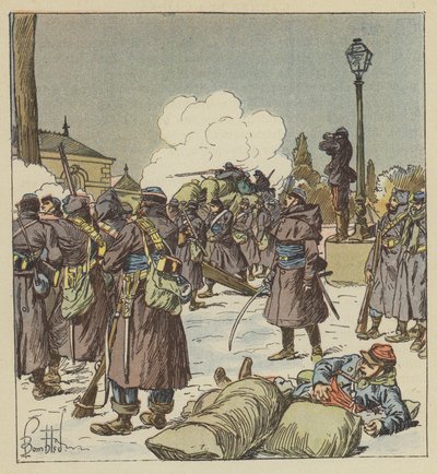 Los gendarmes a pie del general Bourdillon defienden el paso del Huisne de after Louis Charles Bombled