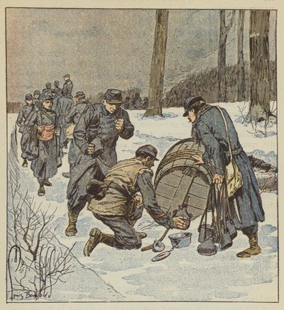 Los soldados de infantería de marina llenan sus cantimploras con un barril de ron de after Louis Charles Bombled