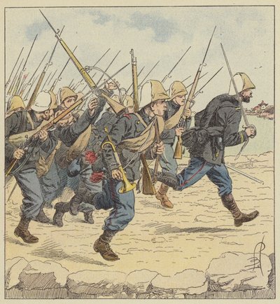 La infantería de marina en la calzada de Tien-Tsin de after Louis Charles Bombled