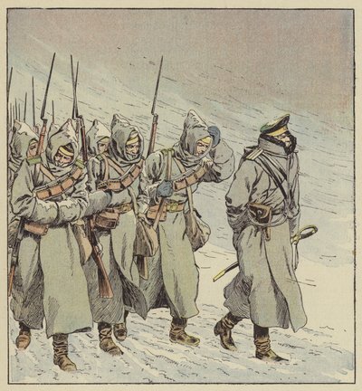 Marcha forzada de la infantería rusa en Manchuria de after Louis Charles Bombled