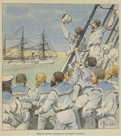 Marineros rusos saludando a un transporte francés de after Louis Charles Bombled