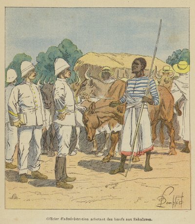 Oficial de administración comprando bueyes a los Sakalaves de after Louis Charles Bombled