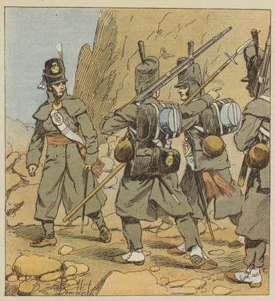 Soldados ingleses del 1er regimiento de la guardia a pie, en uniforme de campaña, España, 1814 de after Louis Charles Bombled