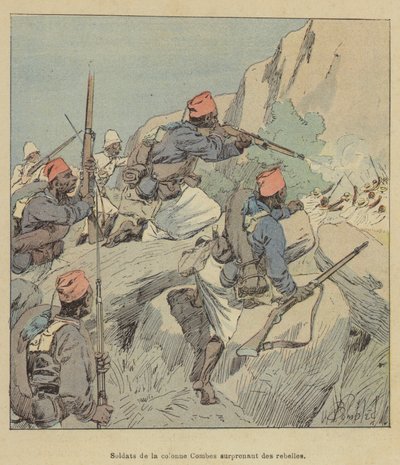 Soldados de la columna Combes sorprendiendo a rebeldes de after Louis Charles Bombled