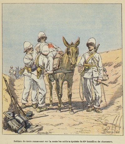 Soldados del tren recogiendo en la ruta a los soldados exhaustos del 40º batallón de cazadores de after Louis Charles Bombled