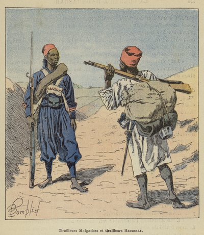 Tiradores malgaches y tiradores haoussas de after Louis Charles Bombled