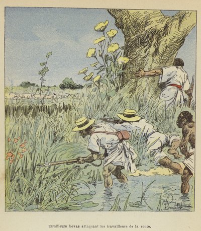 Tiradores hovas atacando a los trabajadores de la carretera de after Louis Charles Bombled