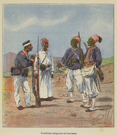 Tiradores malgaches y haoussas de after Louis Charles Bombled
