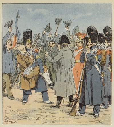 Un granadero de la isla de Elba trae a Napoleón a su padre nonagenario llevándolo en sus brazos de after Louis Charles Bombled