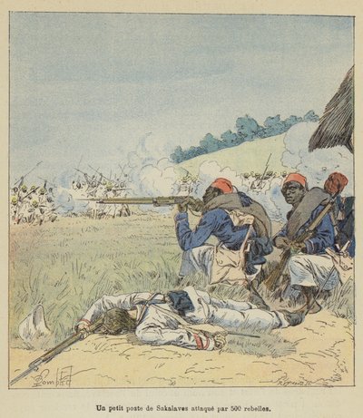 Un pequeño puesto de Sakalaves atacado por 500 rebeldes de after Louis Charles Bombled