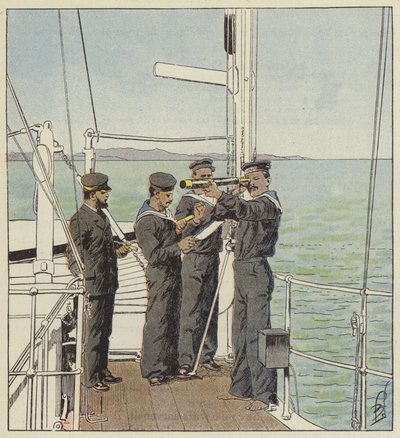 Centinelas japoneses vigilando la flota de Port-Arthur de after Louis Charles Bombled