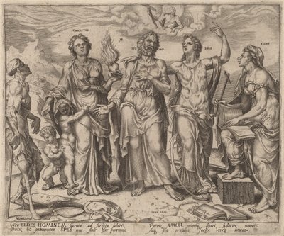 Hombre asistido por Fe, Esperanza y Caridad de after Maerten van Heemskerck
