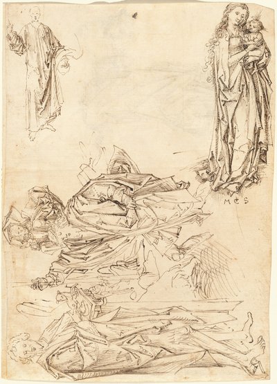 San Cristóbal, San Juan Bautista, la Virgen y el Niño, y Cristo Bendiciendo (recto) de after Martin Schongauer Master of the Drapery Studies