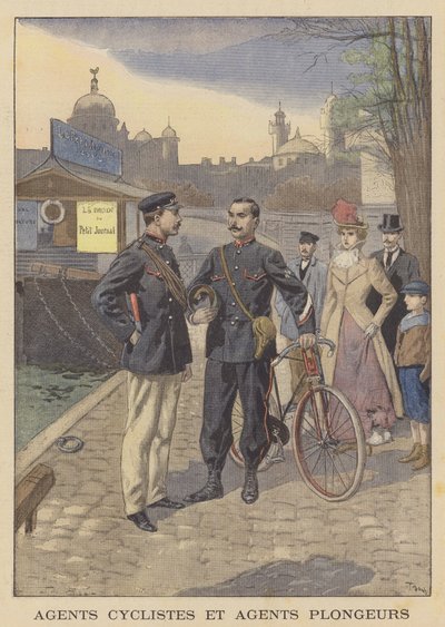 Ciclista policial y policía fluvial, París de after Oswaldo Tofani