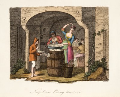 Napolitanos comiendo macarrones, de Escenarios Italianos, representando las costumbres y diversiones de los diferentes estados de Italia, pub. 1806 de after P. van Lerberghi