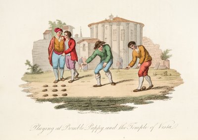 Jugando a Bomble Puppy y el Templo de Vest, de Escenarios Italianos, representando las costumbres y diversiones de los diferentes estados de Italia, pub. 1806 de after P. van Lerberghi