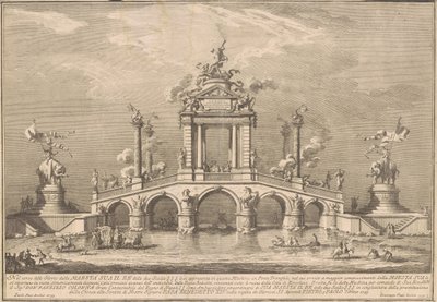 La Prima Macchina para la Chinea de 1755: Un puente triunfal con antigüedades de Herculano de after Paolo Posi Giuseppe Vasi