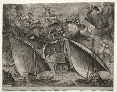 Sailing Vessels: Two Galleys Sailing Behind an Armed Three-Master with Phaeton and Jupiter in the Sky de after Pieter Bruegel
