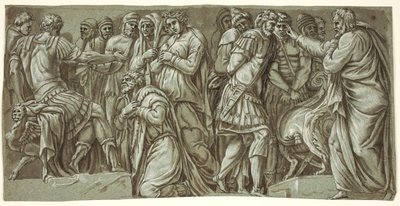 La familia de Darío ante Alejandro y una escena con prisioneros; de la fachada del Palazzo Milesi de after Polidoro da Caravaggio