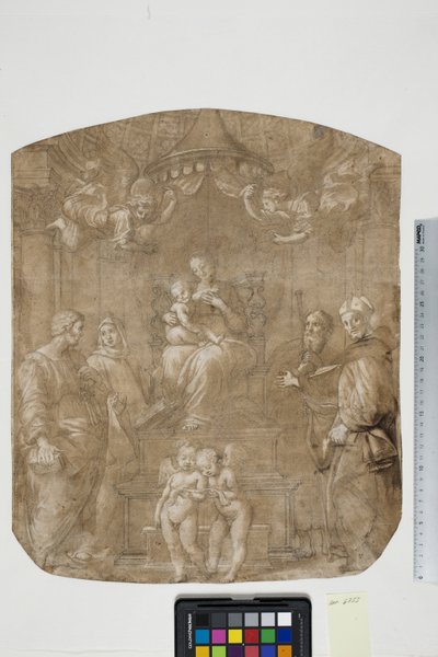 Madonna y el Niño con los santos Pedro, Bernardo (o Bruno), Santiago, Agustín y cuatro ángeles, Madonna del Baldacchino de after Raphael