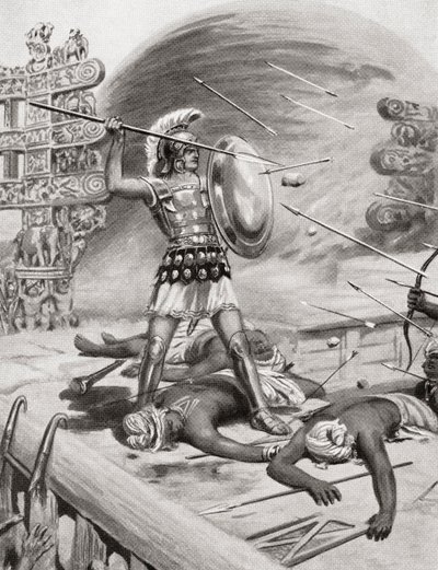 Alejandro Magno luchando contra los Assacani en la ciudad fortificada de Massaga, India durante su campaña india en 326 a.C., de la Historia de las Naciones de Hutchinson, pub.1915 de after Robert Dudley