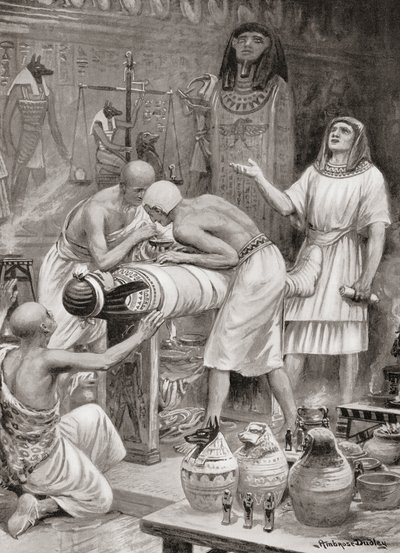 Embalsamando un cuerpo en el antiguo Egipto, de la Historia de las Naciones de Hutchinson, pub.1915 de after Robert Dudley
