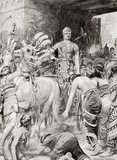 Psamtik I de Egipto entrando en la ciudad de Azotus o Ashdod, de la Historia de las Naciones de Hutchinson, pub.1915 de after Robert Dudley
