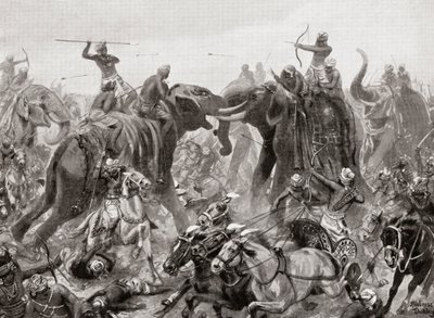 La derrota de Pulakeshin Chalukhya por Narasimhavarman I en Badami en 642 d.C., de la Historia de las Naciones de Hutchinson, pub.1915 de after Robert Dudley