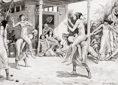 Niñas jugando a la pelota en forma de danza en el antiguo Egipto, de la Historia de las Naciones de Hutchinson, pub.1915 de after Robert Dudley