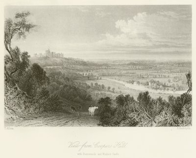 Vista desde Coopers Hill, con Runnemede y el Castillo de Windsor de after Thomas Allom