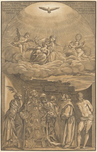 La Virgen y el Niño en las Nubes con Seis Santos de after Titian John Baptist Jackson