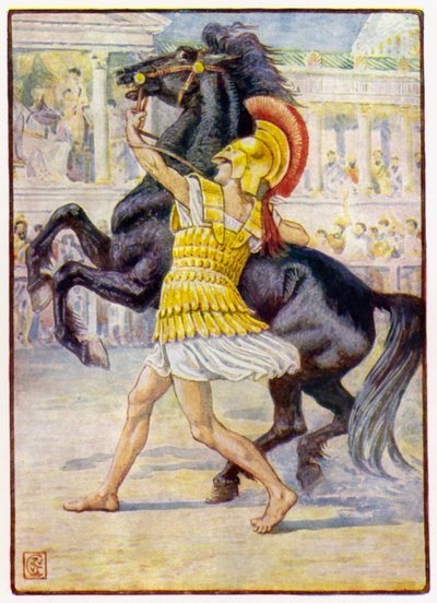 Corrió hacia el caballo y agarró las riendas de after Walter Crane