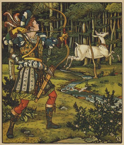 El príncipe Guerrier persigue a la cierva en el bosque de after Walter Crane