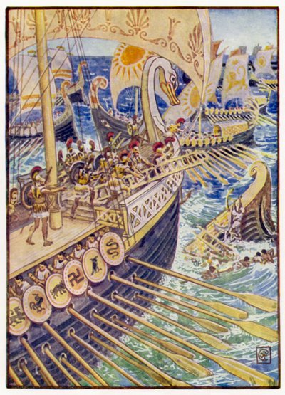 Barco chocó contra barco, hasta que los muertos persas cubrieron el fondo como flores de after Walter Crane